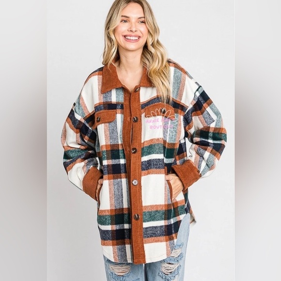 GeeGee Jackets & Blazers - GeeGee Navy Rust and Cream Plaid Button-Up Jacket with Corduroy Collar large
